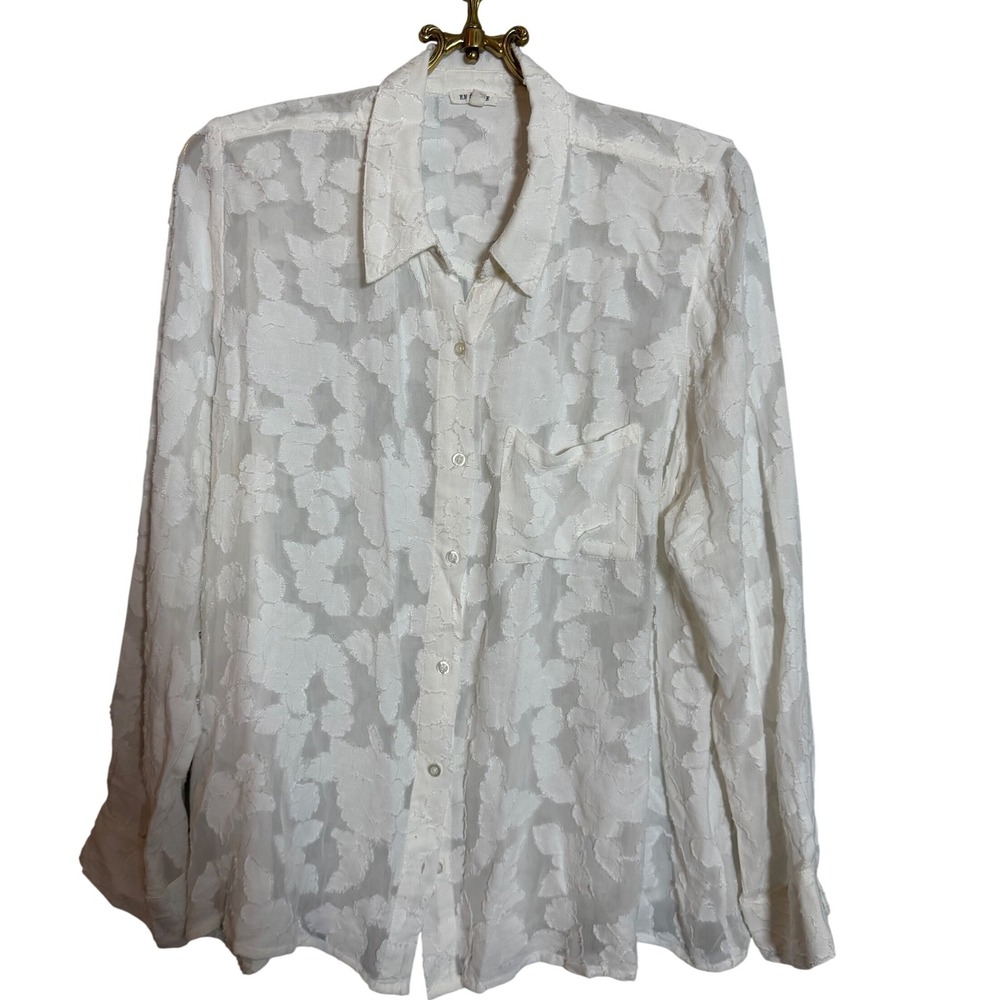 EN CRÈME White Floral Burnout‎ Sheer Long Sleeve Button Up Shirt Women's Size L